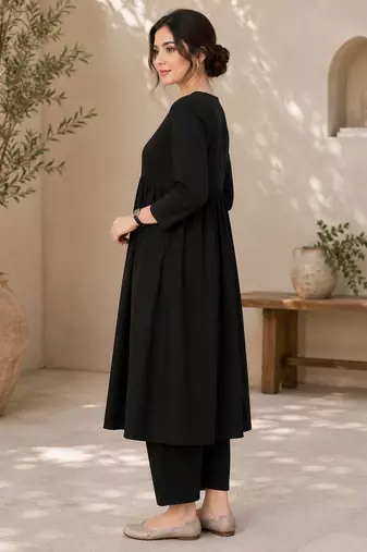 Women's black button rayon a-line kurta pant set