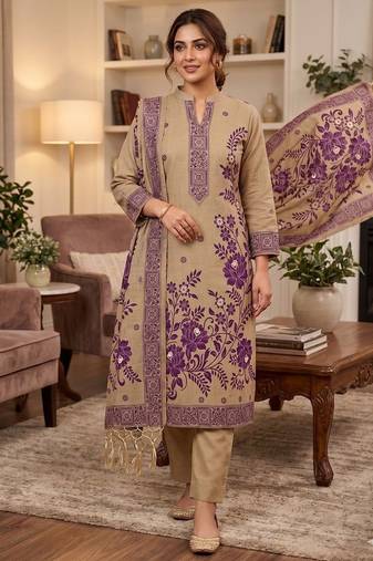 Beige colour muga cotton jamdani suit set