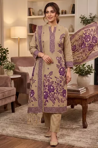 Beige colour muga cotton jamdani suit set