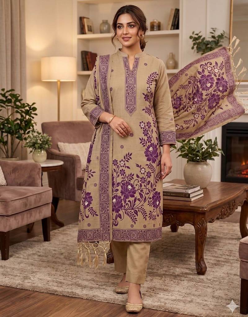 Beige colour muga cotton jamdani suit set