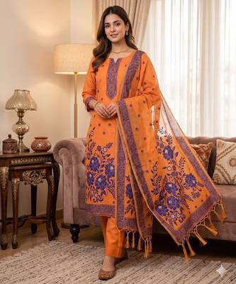 Orange colour muga cotton jamdani suit set 1