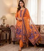 Orange colour muga cotton jamdani suit set