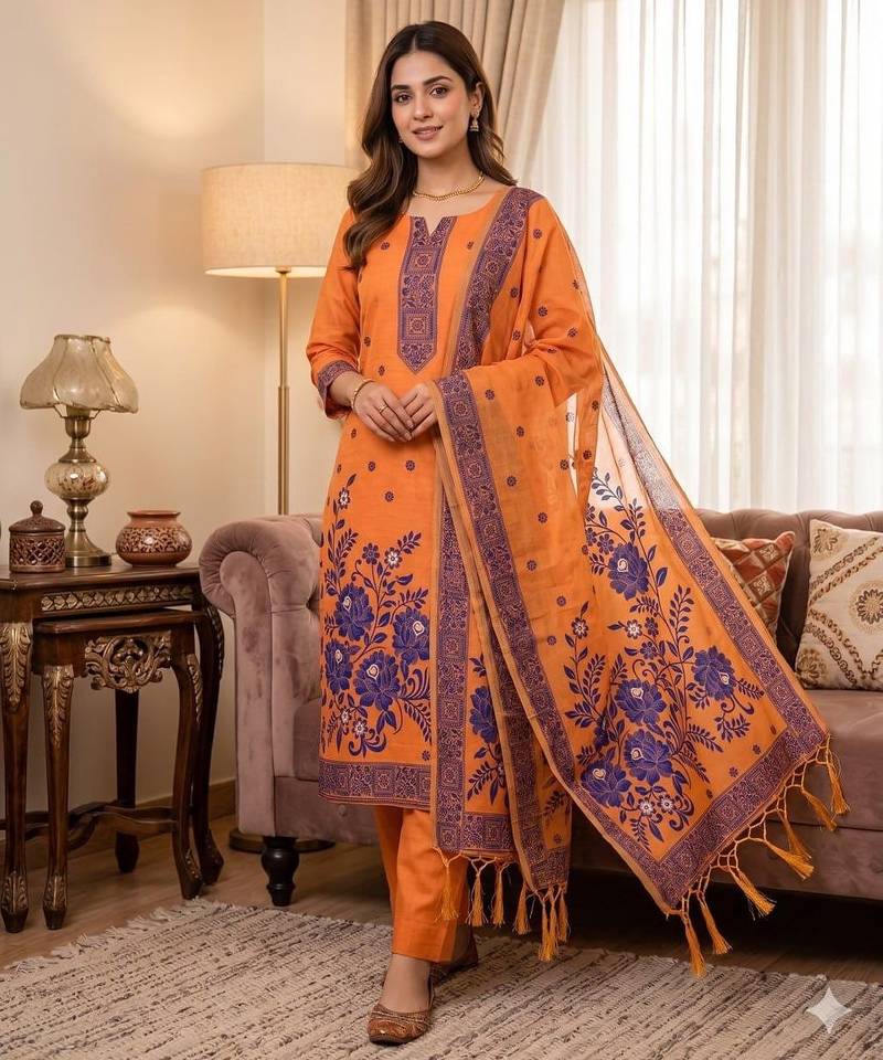 Orange colour muga cotton jamdani suit set