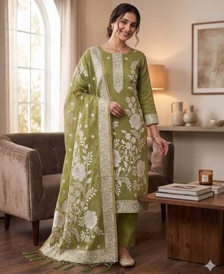 Olive colour muga cotton jamdani suit set 1