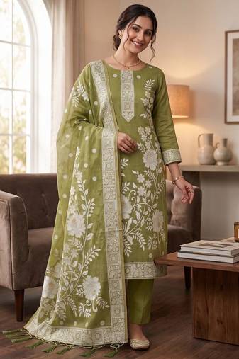 Olive colour muga cotton jamdani suit set