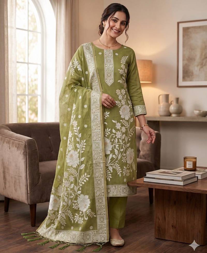 Olive colour muga cotton jamdani suit set