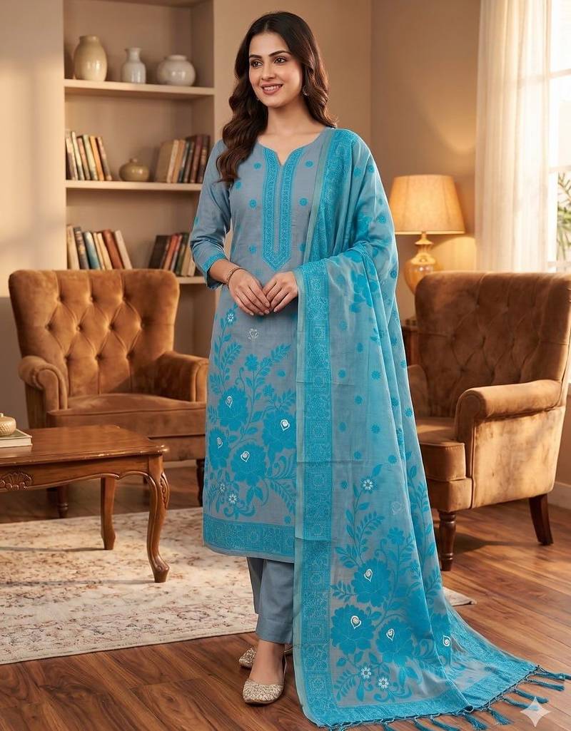 Grey colour muga cotton jamdani pichwai dress material