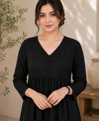Women's black button rayon a-line kurta pant set 4