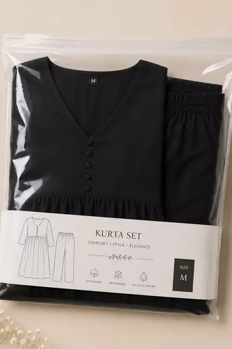 Women's black button rayon a-line kurta pant set