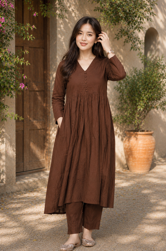 Women's chocolate brown button gathered a-line kurta pant set