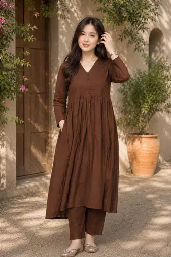 Women's chocolate brown button gathered a-line kurta pant set