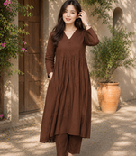 Women's chocolate brown button gathered a-line kurta pant set