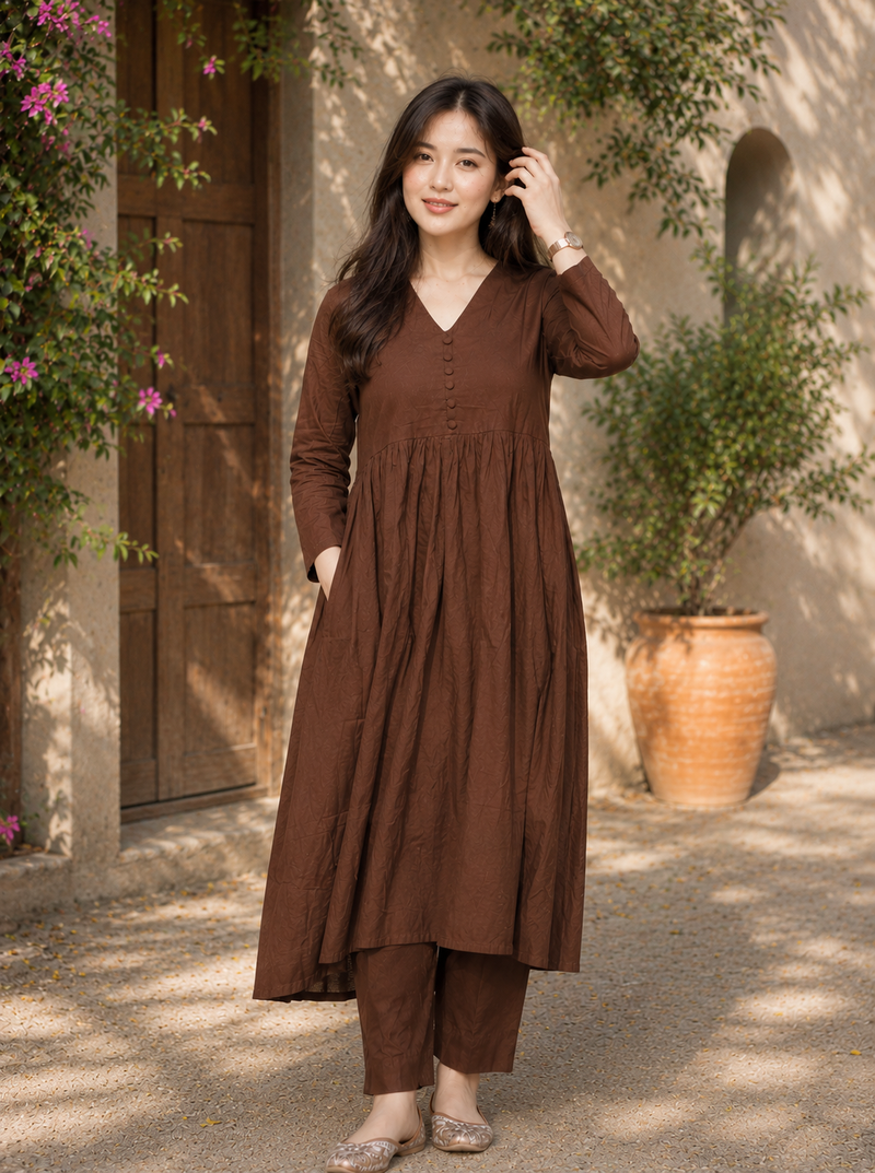 Women's chocolate brown button gathered a-line kurta pant set