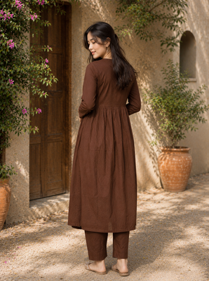 Women's chocolate brown button gathered a-line kurta pant set 2