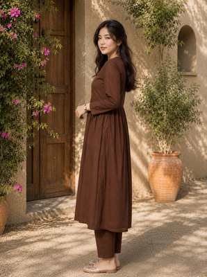 Women's chocolate brown button gathered a-line kurta pant set 3