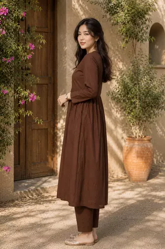 Women's chocolate brown button gathered a-line kurta pant set