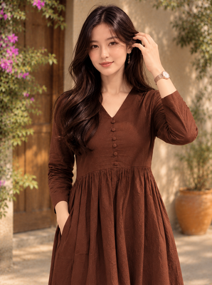 Women's chocolate brown button gathered a-line kurta pant set 4