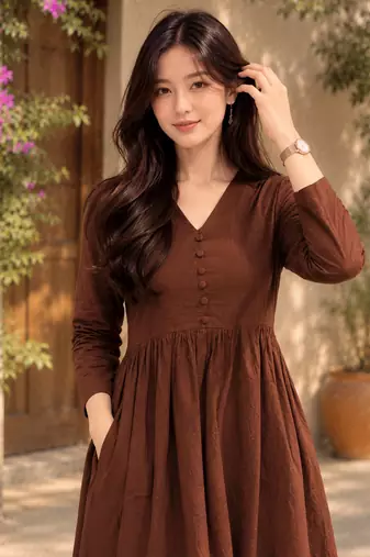 Women's chocolate brown button gathered a-line kurta pant set