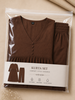 Women's chocolate brown button gathered a-line kurta pant set 5