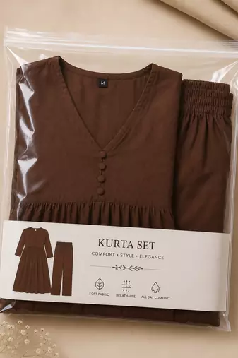 Women's chocolate brown button gathered a-line kurta pant set
