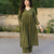 Olive green v-neck gathered kurta with pants