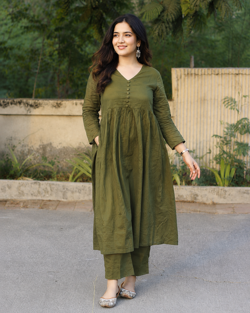 Olive green v-neck gathered kurta with pants