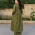 Olive green v-neck gathered kurta with pants