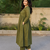 Olive green v-neck gathered kurta with pants