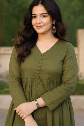 Olive green v-neck gathered kurta with pants
