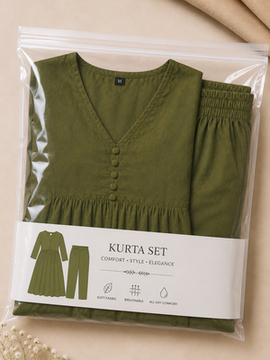 Olive green v-neck gathered kurta with pants 5
