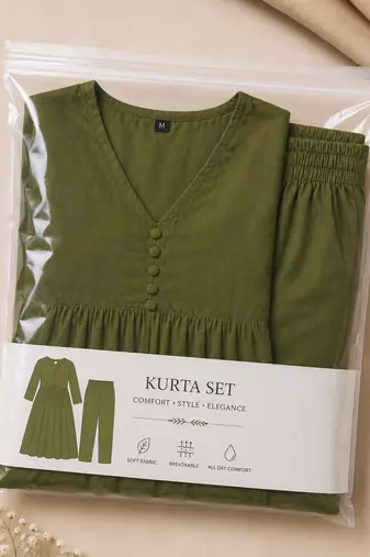 Olive green v-neck gathered kurta with pants