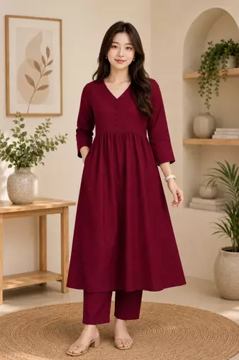 Women's maroon a-line gathered kurta with pant set