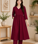 Women's maroon a-line gathered kurta with pant set