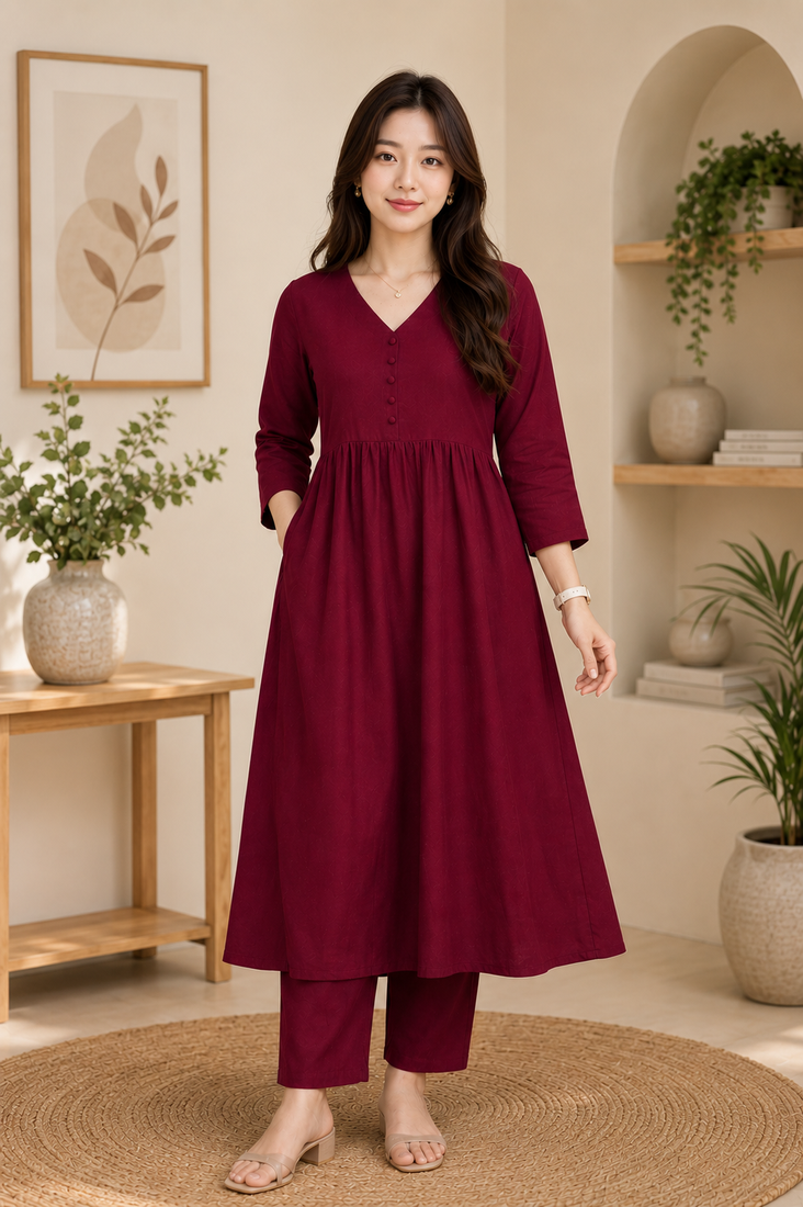 Women's maroon a-line gathered kurta with pant set
