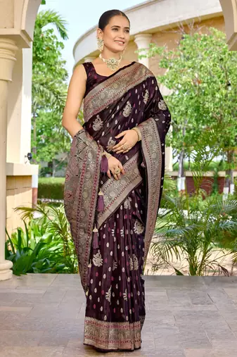banarasi wine saree with heavy jacquard border & golden buti weaving | latest fancy saree collection