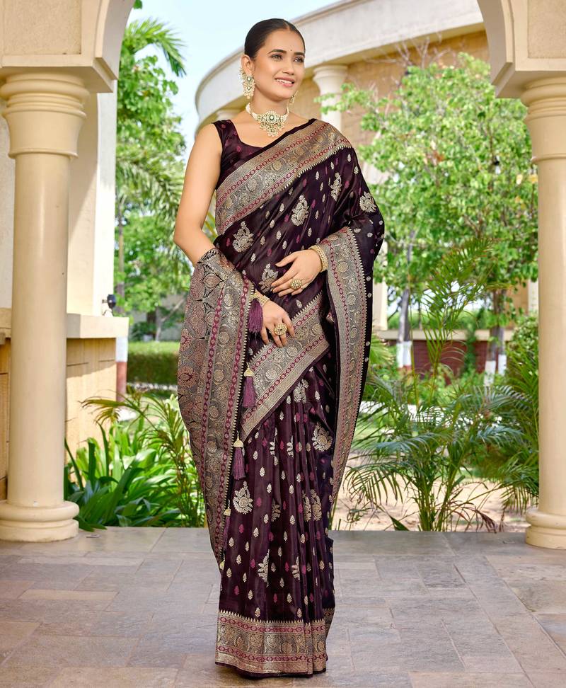 banarasi wine saree with heavy jacquard border & golden buti weaving | latest fancy saree collection