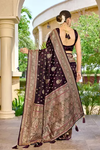 banarasi wine saree with heavy jacquard border & golden buti weaving | latest fancy saree collection