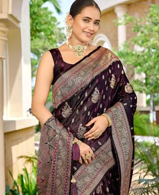 banarasi wine saree with heavy jacquard border & golden buti weaving | latest fancy saree collection 3