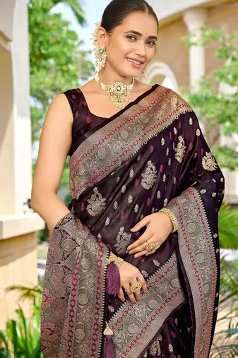 banarasi wine saree with heavy jacquard border & golden buti weaving | latest fancy saree collection
