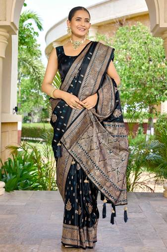 banarasi blue saree with heavy jacquard border & golden buti weaving latest fancy saree collection