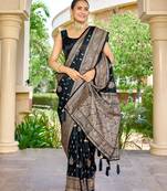 banarasi blue saree with heavy jacquard border & golden buti weaving latest fancy saree collection