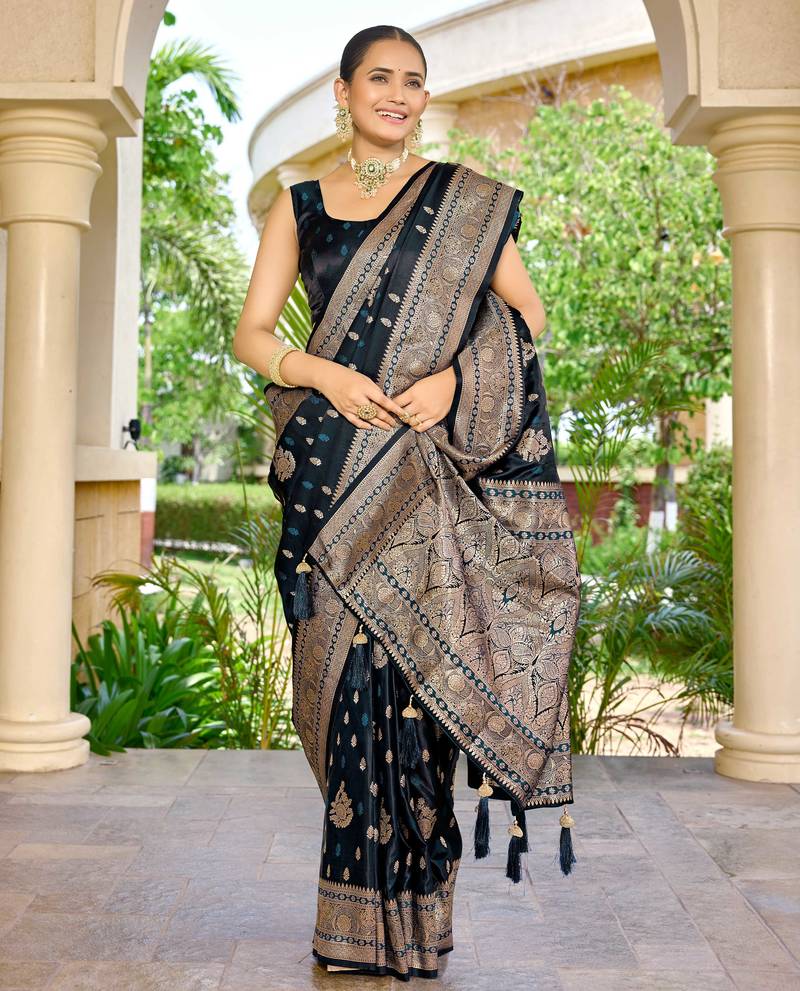 banarasi blue saree with heavy jacquard border & golden buti weaving latest fancy saree collection