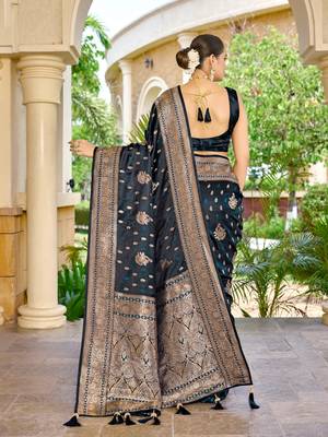 banarasi blue saree with heavy jacquard border & golden buti weaving latest fancy saree collection 2
