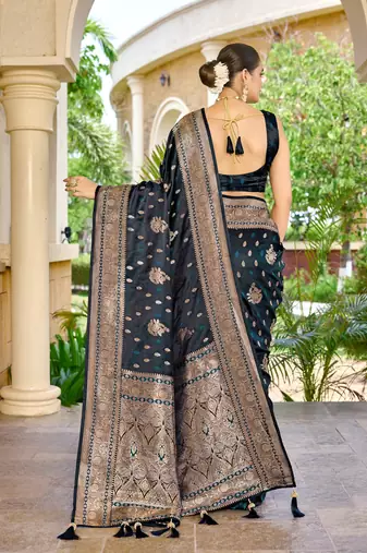 banarasi blue saree with heavy jacquard border & golden buti weaving latest fancy saree collection