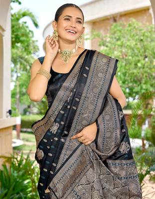 banarasi blue saree with heavy jacquard border & golden buti weaving latest fancy saree collection 3