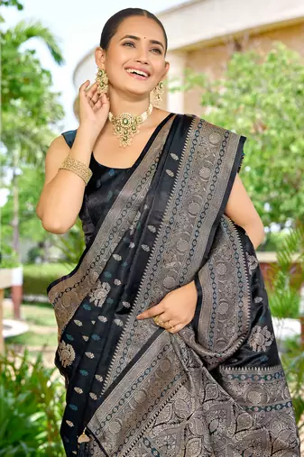 banarasi blue saree with heavy jacquard border & golden buti weaving latest fancy saree collection