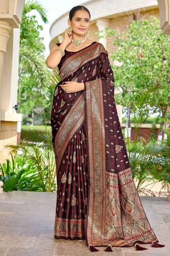 banarasi maroon saree with heavy jacquard border & golden buti weaving latest fancy saree collection