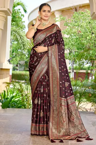 banarasi maroon saree with heavy jacquard border & golden buti weaving latest fancy saree collection