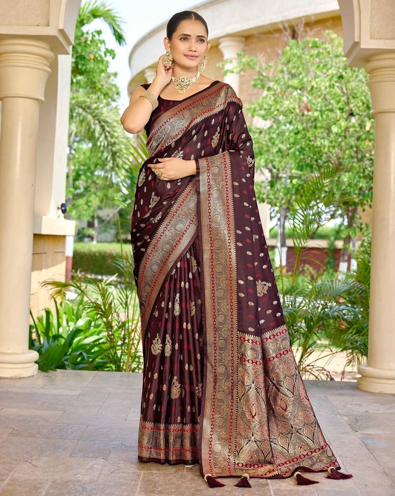 banarasi maroon saree with heavy jacquard border & golden buti weaving latest fancy saree collection