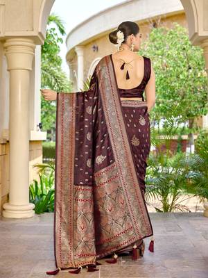 banarasi maroon saree with heavy jacquard border & golden buti weaving latest fancy saree collection 2